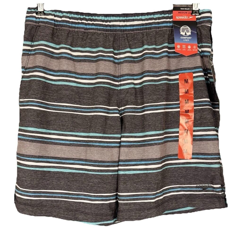 NWT‎ Speedo Mens Tech Volley Swim Sun Shorts 8” Trunks Medium Gray Stripe Lined